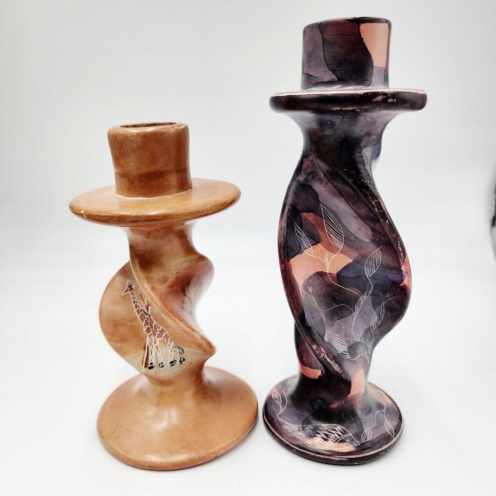 Vintage African Kisii Art Soapstone Twisted Candlesticks Kenya African Wedding
